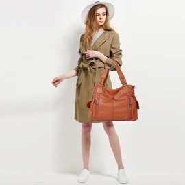 NICOLE & DORIS Women's Hobo Bag, Shoulder Bag, Washed Leather Tote, Crossbody with Multiple Compartments - Brown -