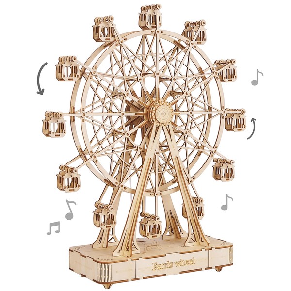 Rolife 3D Wooden Puzzle Hand Crank Music Box Machinarium Toys-DIY Wood Craft Kit-Creative Gift for Boys Girls Adults Kids When Christmas/Birthday (Ferris Wheel Wood Color)