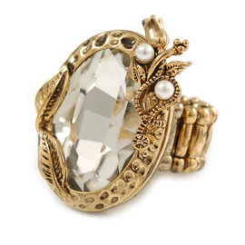 Vintage Inspired Oval Glass Ring in Aged Gold Tone Metal - 30mm Across - 7/8 Size Adjustable