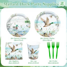 120pcs Mallard Duck Plates Napkins Mallard Duck Party Supplies A Lucky Duck Tableware Set Disposable Paper Cups Green Forks Duck Hunting Birthday Party Supplies Serves 24