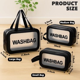 Yuexitech 3 in 1 Clear Travel Wash Bags, Travel Bag for Toiletries, Pu Waterproof Wash Bag with Zipper Handle, Portable Airport Cosmetic Bags for Bathroom Men Women (Black)