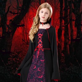 Vampire Costume Children, Vampire Costume Girls, Vampire Costume Gothic, Vampire Costume Children Girls with Vampire Necklace, Carnival Theme Party Dracula Cosplay Party, Suitable for Children Age