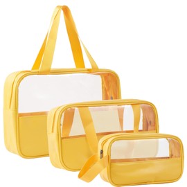 SOMIER 3 Pack/Size Waterproof Travel Toiletry Bag, Clear Cosmetic Makeup Bags PVC and Candy Color PU Splicing, TSA Approved Carry on Pouch, Portable Travel Organizer for Vacation, Bathroom, Airplane