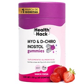 Health Hack Myo y D-Chiro Inositol en Gomitas, Ratio 40:1, 2000 mg Mio y 50 mg D-Chiro Vitamina B8 por Porción, Sabor Fresa, Suplemento Vegano para Mu