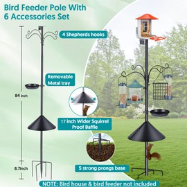 Bird Feeder Pole 92 Inch Heavy Duty Bird House Pole with Squirrel Proof Baffle for Outdoor, Adjustable Bird Feeder Stand with 4 Shepherds Hook Mental Tray for Garden Attracting Wild Birds