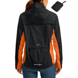 Bikewa Women's Cycling Rain Jackets Waterproof Windbreaker Lightweight Running Windproof Reflective Jacket Packable Hooded(Black/Orange,XL)