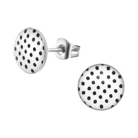 Bungsa Round Black Polka Dot on White Background Rockabilly Style Stainless Steel Unisex Stud Earrings, Stainless Steel, No Gemstone