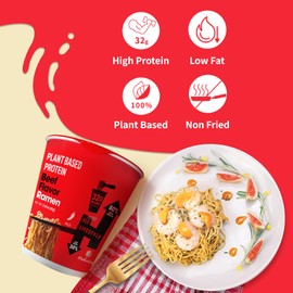 Hethstia High Protein Ramen Cup, Spicy Beef Flavor, 6-Pack Instant Healthy Ramen Soup with 32g Plant Protein, Vegan, Low Carb, Non-GMO, Air-Dried Noodles, Non-Fried, Low Fat Meal