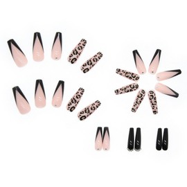 JUSTOTRY 24 pcs Leopard Fake Nails Long with Pearls,Black French Press on Nails Patterns, Ballerina Stick on Nails for Women, Acrylic Coffin Medium False Nails for Nail Art