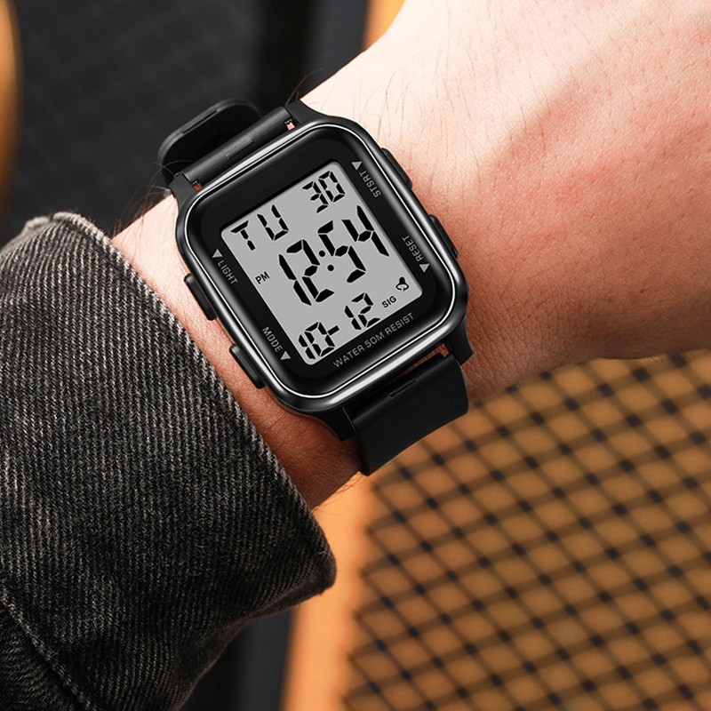 Digital Watch EL Backlit Waterproof Multifunctional Stylish Square Watch for