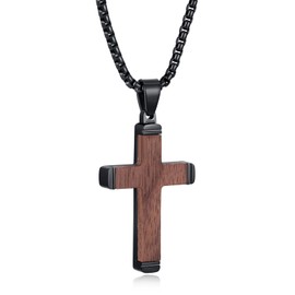 REVEMCN Wooden Cross Necklace for Men Boys - Black Walnut & Stainless Steel Christian Wood Crucifix Pendant with 18-24" Rolo Chain, Inspirational Jewelry Graduation Birthday Gift for Teen Boy Son Dad (B - Black Walnut, 22+2)