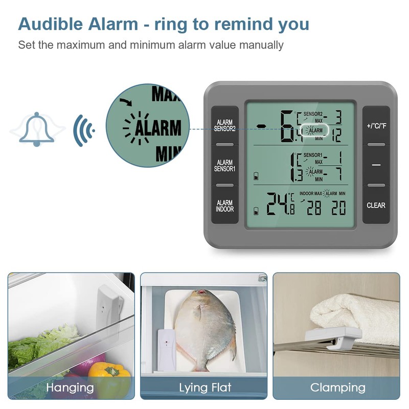 Ankilo Fridge Thermometer, Upgrade Digital Thermometer with 2 Sensors, Freezer