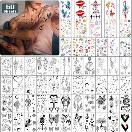 Temporary Tattoos for Woman or Girls, 60 Sheets Samll Tattoo Stickers, Color Black Beautiful Waterproof Removable Fake tattoos for Body Hand Arm Neck
