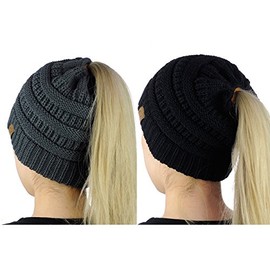C.C BeanieTail Soft Stretch Cable Knit Messy High Bun Ponytail Beanie Hat, 2 Pack, Black/Dark Mel Gy