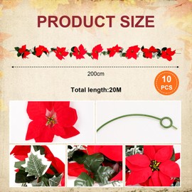 Crowye 10 Pcs Christmas Poinsettia Garland 65.62FT Artificial Red Poinsettia Flower Xmas Ornaments Decorations Bulk Faux Poinsettias with Holly Leaves for Christmas Tree Indoor Outdoor Party
