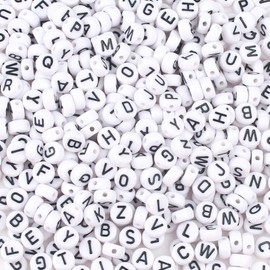 Song Xi 1200pcs White Round Acrylic Alphabet Beads - Black Letter Beads 4x7mm for Bracelets and Jewelry Making Key Chains