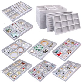 MINIBIGBOX Set of 8 Stackable Jewelry Organizer X-Large Velvet Jewellry Trays Jewelryy Drawer Inserts, Earring Ring Brooch Necklace Bracelet Watch Display Plate with Removable Dividers