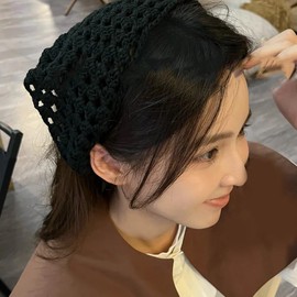 Crochet Bandanas Headbands for Women Headband for Women Cotton Crochet Head Scarf for Women's hair Knitted Floral Hair Accessories for Women Girls Boho Vintage Headscraf Headwrap (Black, One size)