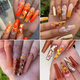 Fall Nail Art, 6 Boxes Fall Leaves Nail Glitters 3D Gold Maple Leaf Nail Sequins with Glitter Powder Gold Yellow Red Autumn Leaves Nail Art Flakes Thanksgiving Nails Design for Acrylic Nails