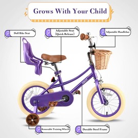 Rully Girls Bike for 2-7 Years Children, Kids Bicycle with Training Wheels | Bell | Doll Seat | Wicker Basket (12"/14"/16")(Pink/Purple) - Color: 12 inch