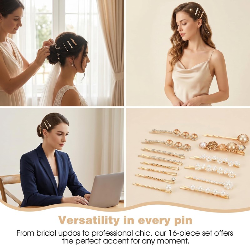 16 Pcs Hair Clips Women Gold Bobby Pins Decorative Pearl