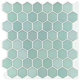 Decopus Peel and Stick Faux Ceramic Tile (Hexagon 3D Blue Cyan Color 10pc/Pack) for Kitchen, Bathroom, Car Camper - DIY Remodelling, Wall Decorations, No Grout Backsplash, Faux Smart Tile Marble