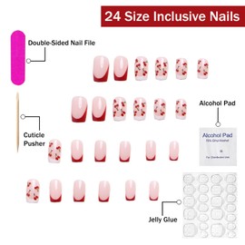 Short Square Press on Nails French Tip Fake Nails Full Cover Red Cherry False Nails with White Nail Tip Designs Glossy Glue on Nails Cute Acrylic Nails Manicure Artificial Nails for Women Girls 24Pcs