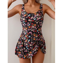 Eomenie One Piece Swimdress Swimsuits for Women Tummy Control Swim Dresses Skirt Bathing Suit Black Floral
