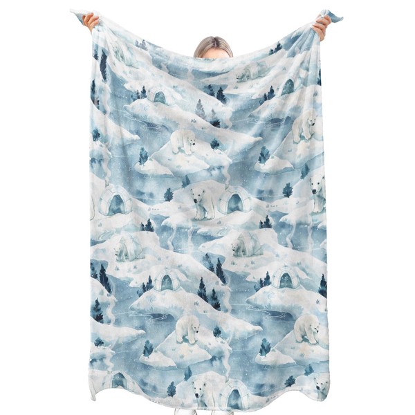 zbezbe Polar Bear Flannel Blanket Igloo and Pine Tree Arctic