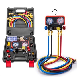 Rogvoc AC Gauges, AC Manifold Gauge Set for R22/R410a/R134a Refrigerant, 4 Way HVAC Refrigerant Gauges Set with R22 R410a Safety Valves, 5FT Hoses, R134a Adapters, Can Tap, Red