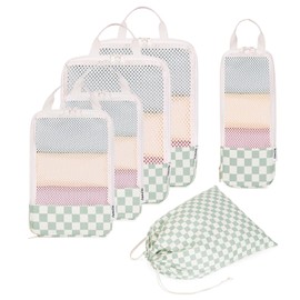 Narwey Compression Packing Cubes for Carry on Suitcase and Backpack, 6 PCS Travel Compression Packing Bags Storage Cubes Organizer Set for Carry on and Hand Luggage (Mint Green Checkerboard)