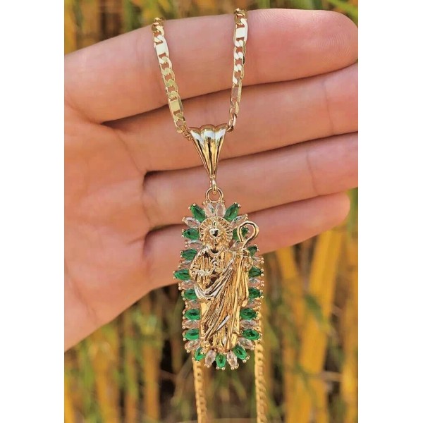 Isas Jewelry San Juditas CZ Necklace 24" Figaro Valentino Chain