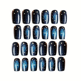 Black Press on Nails Short Square Fake Nails with Star Designs Holiday Independence Day Nails Glossy Black Acrylic Nails Full Cover Glue on Nails 4th of July Star Stick on Nails for Women 24Pcs