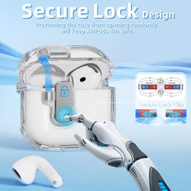 (with Safety Lock) Compatible with AirPods 4 Case with Cleaner Kit,Clear Soft TPU Transparent AirPods 4th Generation Case,Auto Pop-Up Lid and Lock Design for AirPods 4 Gen (2024) with Lanyard-White