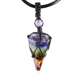 mookaitedecor Natural 7 Chakra Crystal Point Pendant Necklace for Women Men, Hexagonal Colourful Crystal Necklace Semi Precious Stone Necklace Healing Crystal Reiki Chakra Birthday Jewellery Gift