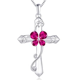 YL Women's Butterfly Cross Necklace Sterling Silver Created Ruby Leaves Pendant Crucifix Jewelry for Women