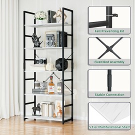 OTK 5 Tier Bookshelf, Tall Bookcase, Office Shelf Storage Organizer, Modern Book Shelf for Living Room, Bedroom, and Home Office, White Marble