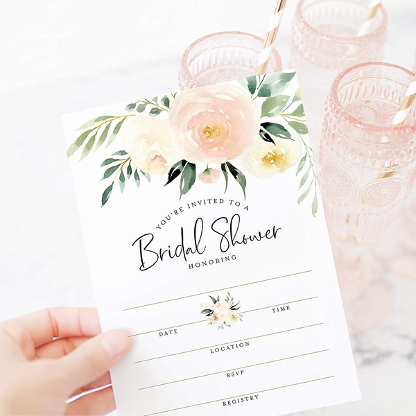 Bliss Collections Bridal Shower Invitations with Envelopes, 25 Cards + 25 Envelopes, 5x7 Blank Fill-in Invites in Coral Greenery Watercolor Floral Design Matches Your Party Decorations