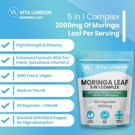 Moringa Leaf Capsules 2000mg | Added Vitamin C + Turmeric + Spirulina + Black Pepper | High Strength Supplements for Men & Women | 120 Vegan Capsules (Not Powder, Tablets of Gummies)