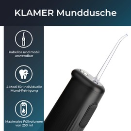 KLAMER Water Flosser with 2 Attachments for Effective Cleaning of Teeth and Interdental Spaces, Removable 250 ml Tank, Wireless, 4 Programmes, Black