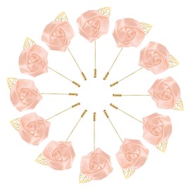 M METERXITY 12-Pack Flower Lapel Pins for Men, Golden Leaf Rose Boutonnieres Pin for Wedding/Dance/Party, Mens Lapel Pins for Suits Satin Flower Corsage Hat Pins [Snow Tooth Powder]
