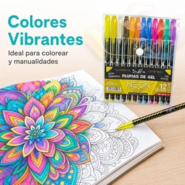 INDRA Set de 12 Plumas de Gel, Bolígrafos de Colores Glitter, Neón y Metálicos 1.0mm, Plumones y Marcadores de Gel de Secado Rápido para Colorear Mand