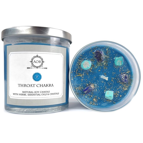 Throat Chakra Soy Candle (Vishuddha) | 10 oz with Lapis & Turquoise Crystals, Herbs & Essential Oils | Communication, Expression, Truth & Listening | Wiccan Pagan Magick Spirituality
