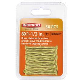 INDOROD #8 x 1-1/2" Truss Head Phillips Wood Screw (50 Pack), Brass Plated Screws, Self Tapping Wood Screws, Modified Truss Head, Brass Screws for Wood, 8 x 1-1/2 Inch, Gold