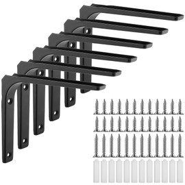Yorkereynom Shelf Bracket, Set of 6, Wall Hanging, Hanging Shelf Brackets, L-Shaped, Stainless Steel, Load Capacity: 5.1 lbs (25 kg), 5.9 x 4.9 inches (150 x 125 mm), Screws Included, Kitchen, Room, DIY, Storage, Black