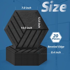 Art3dwallpanels Self Adhesive 20 Pack Acoustic Panels, 14" X 12" X 0.4" Soundproof Wall Panels, High Density Sound Absorbing Panels Hexagon Beveled Edge Sound Dampening Panels, Studio Treatment Tiles