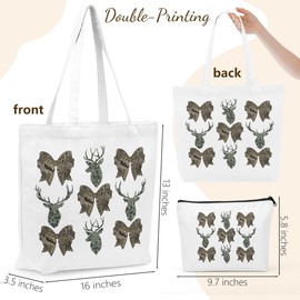 Western Deer Head Leopard Print Bows Canvas Tote Bag Makeup Bag Set, Western Gifts for Women Cowgirl Fiends Sister Teen Birthday Friendship Anniversary Reusable Grocery Bags Travel Cosmetic Bags