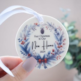 First Christmas In Our New Home 2024 Hanging Decoration. Navy and Red Wreath Homebuyer, Homeowner, Closing Gift. White Ceramic Ornament. Xmas Tree Keepsake Bauble