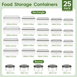 KEMETHY 50-Piece Food Storage Containers with Lids(25 Containers & 25 Lids), Plastic Food Containers for Pantry & Kitchen Storage and Organization, BPA-Free, Leak Proof, Reusable with Labels & Pen