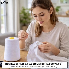 IPEA Filo da Cucito Bianco Professionale - GRANDE BOBINA da ben 9000 Metri (10000 yard) - Filo per Macchina da Cucire, Tagliacuci, Cucito a Mano – Filato Resistente e Antinodo per Sartoria e Cuciture
